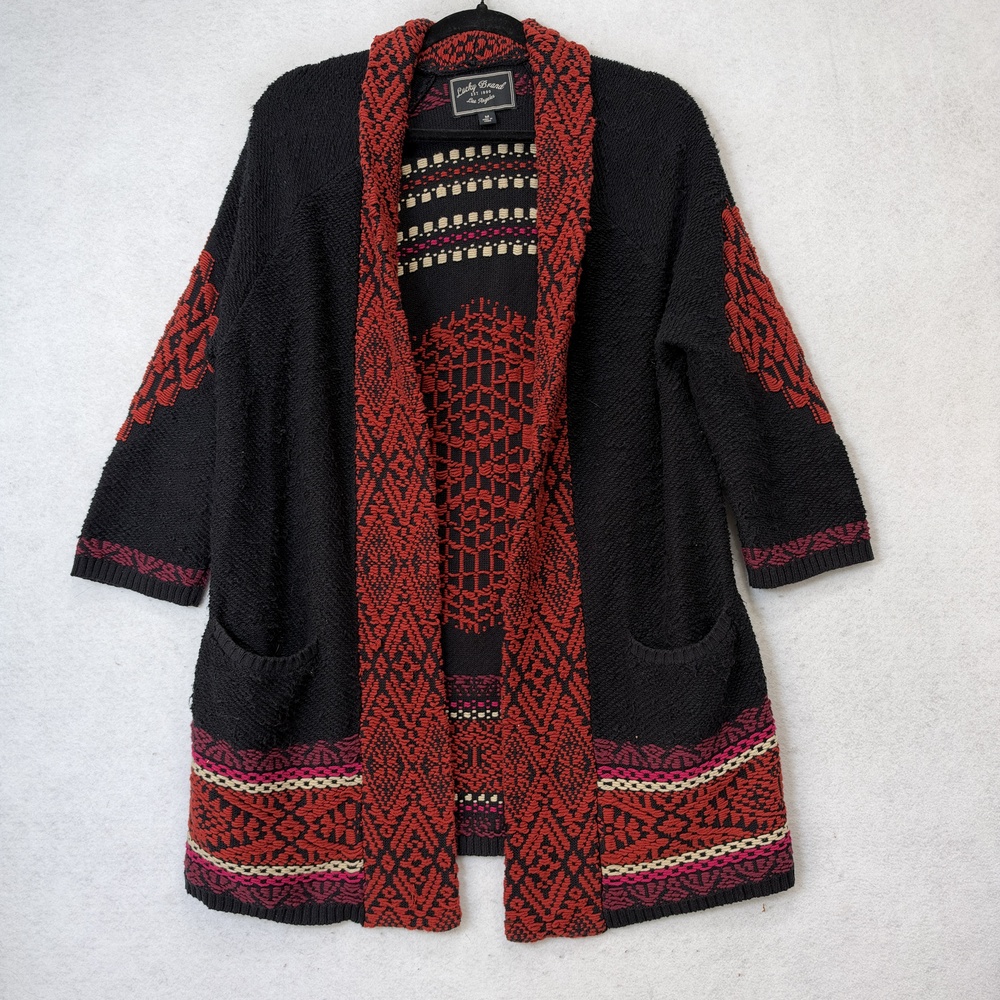 Lucky Brand Cardigan Sweater Womens Medium Black Red Boho Open Knit Pockets - Picture 8 of 12